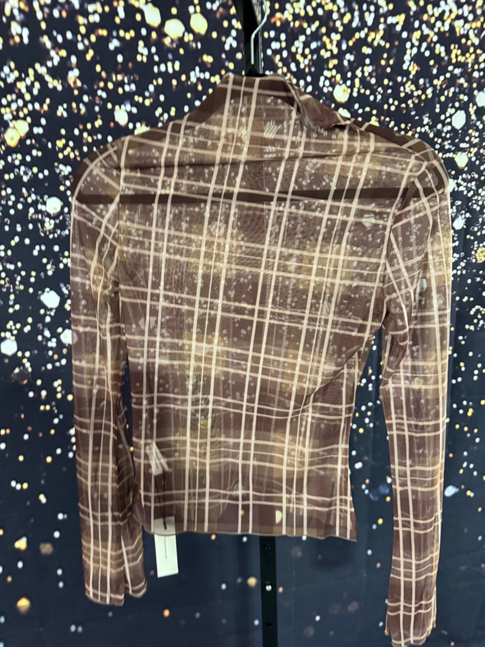 Commense Brown Plaid Long-Sleeve Sheer Top NWT